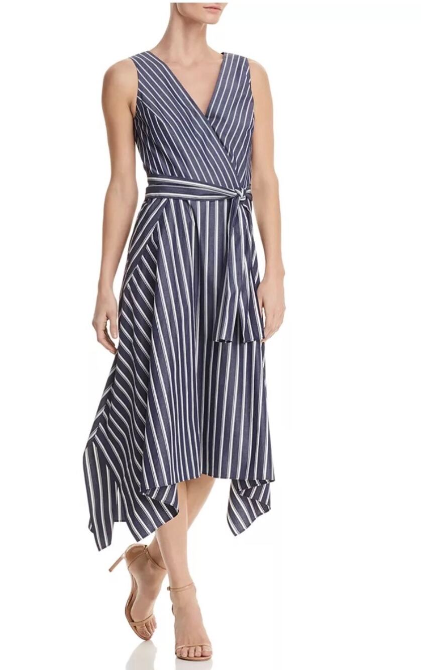 Lafayette 148 Navy White Stripe Wrap Midi Dress Asymmetrical Hem Tie Waist Sz 0